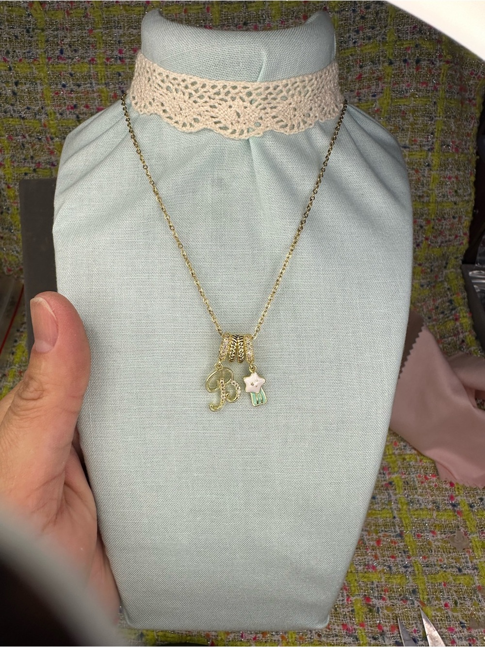 Gold Initial 'B' Necklace with Pink Flower Charm - Women Jewelry